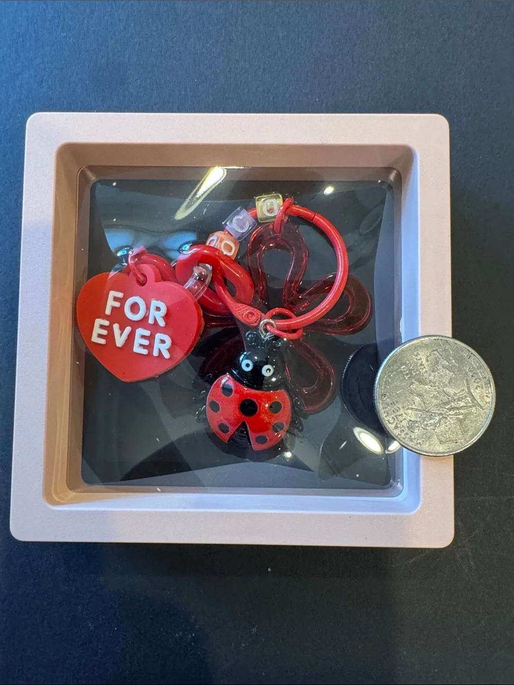 Red Ladybug Heart Charm Keychain for Kids - Playful Bag Accessory in Shadow Box